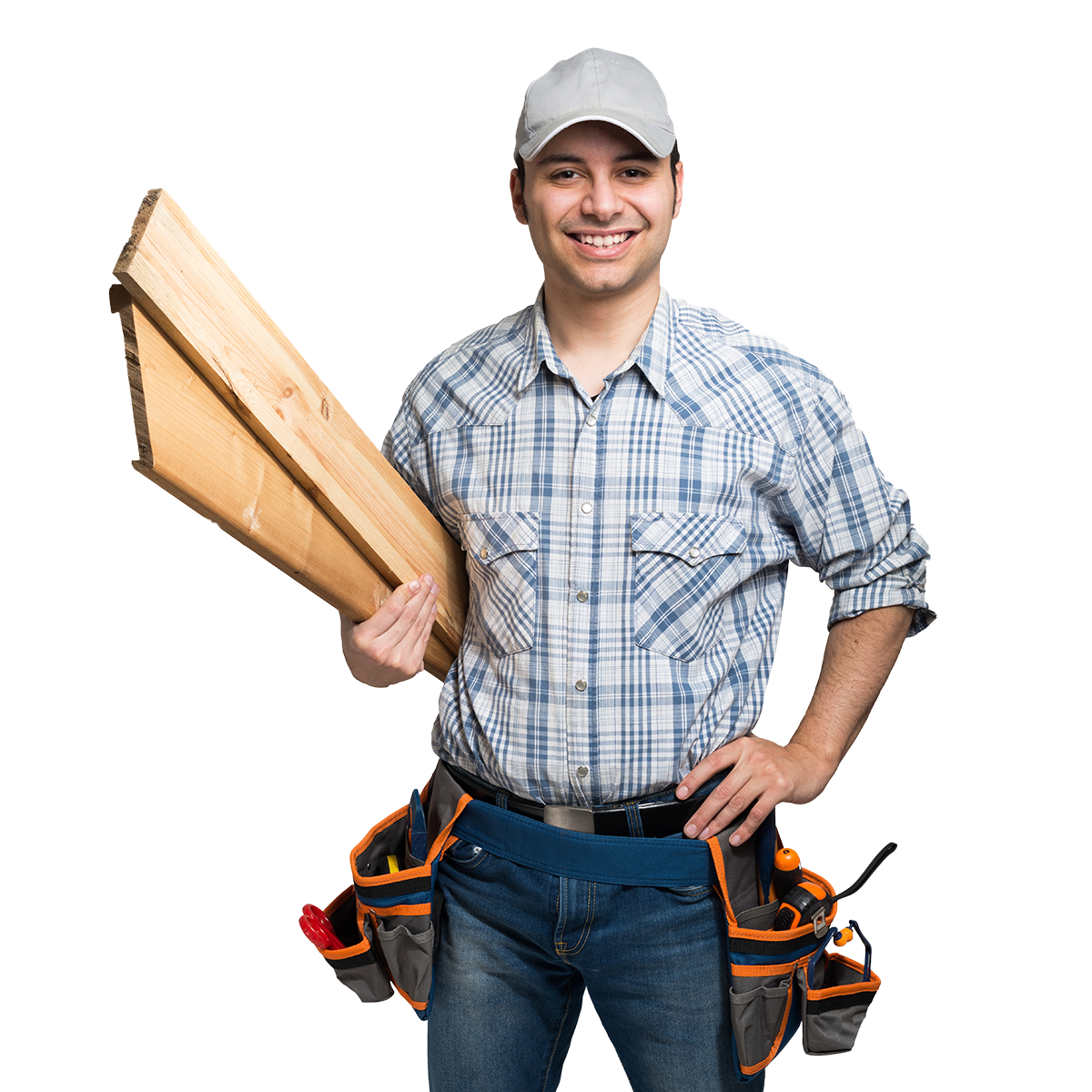 A worker holding a plank of wood with transparent background.